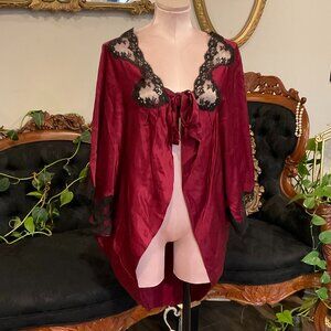 vintage victoria's Secret 100% Silk Satin Sleepwear Robe Black Lace Burgundy